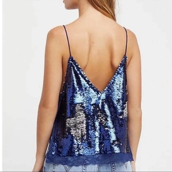 Free People Turn it On Swinging Sequins Lace Trimmed Tank Top Size Medium Blue - Picture 2 of 15